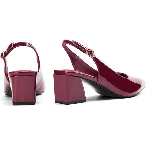 Women's Wine Slingback Closed Toe Block Chunky Low Heel Pumps Party Dress Shoes - Picture 3 of 7